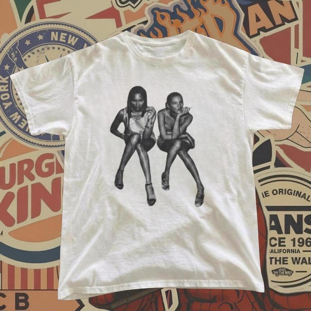 White Graphic Tee With Black And White Photo Of Two Women Posing